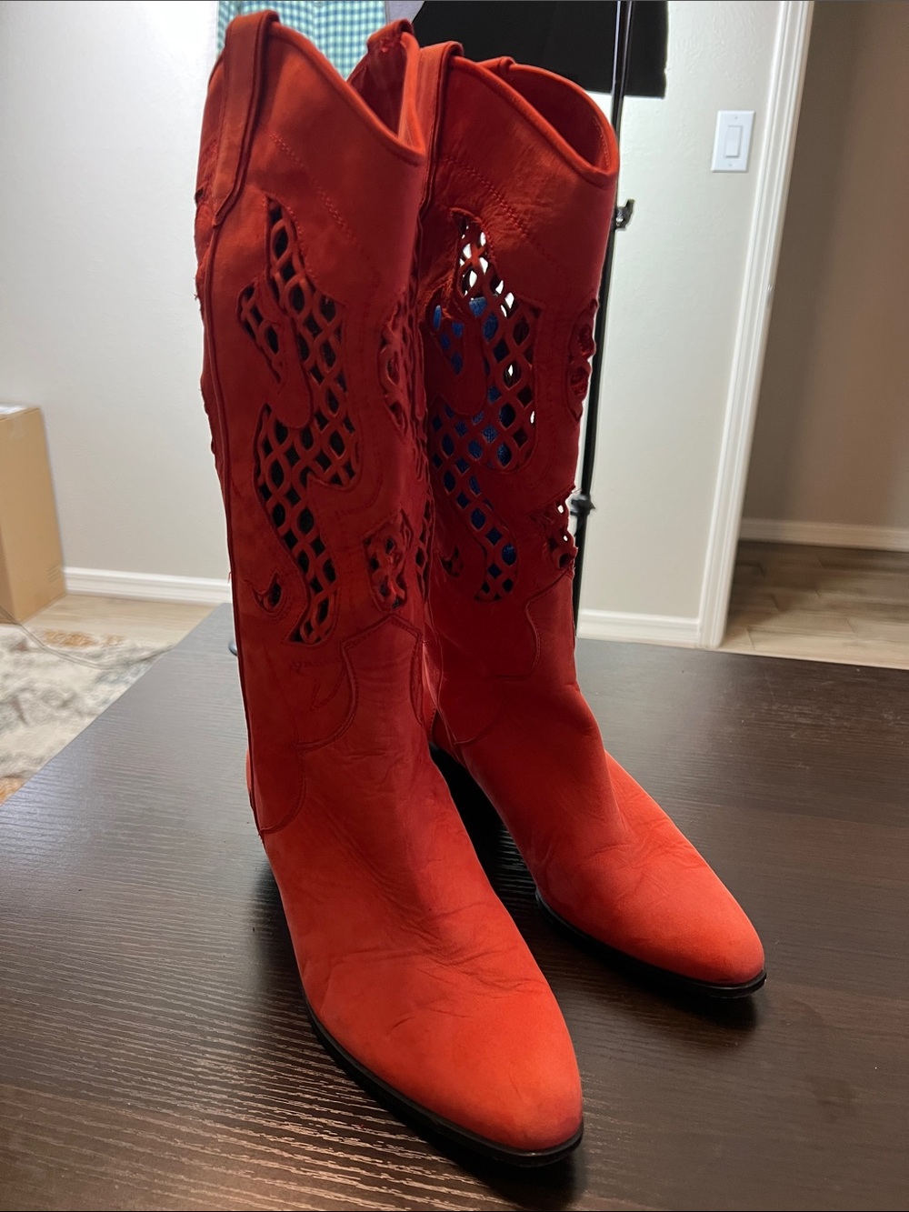 Lenni Vintage Distressed Suede Cutout Heeled Cowboy Boots Made in Italy 8.5